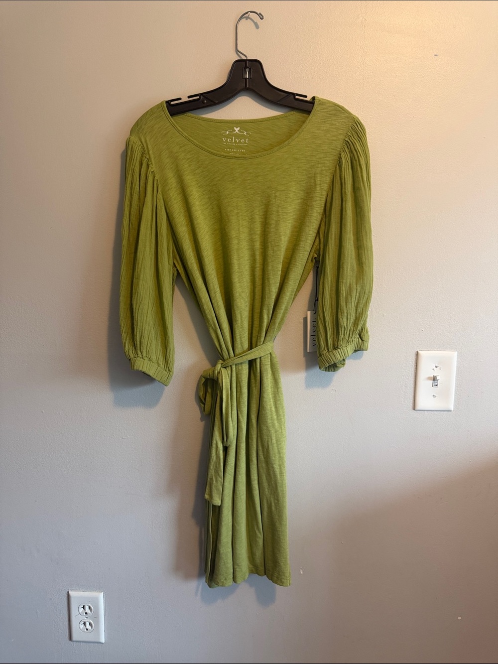 Velvet Olive Green Belted Midi Dress with Puff Sleeves